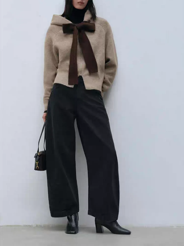 

Sweet Sle Knitted Coat Winter New Arrival Long Sve Hooded Knot Decor Women's Faion Outerwear ort Length