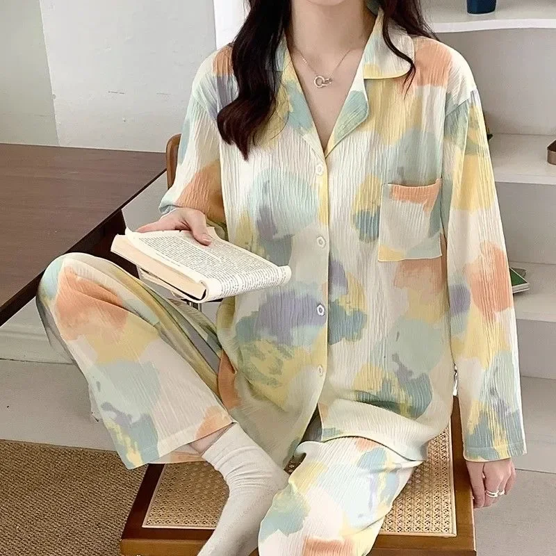 2023 New Pajamas Women's Spring Autumn Loose Loungewear Cute Long Sleeved Sleepwear Cartoon Student V-neck Homewear Set