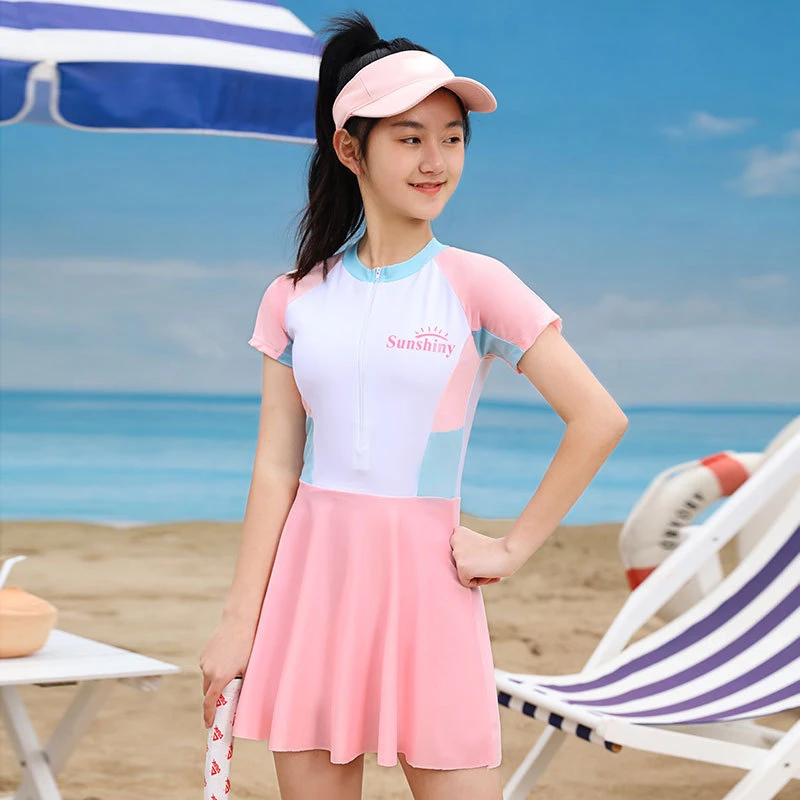 

9-14Y Children's Swimsuit Girls One-piece Wetsuit Short Sleeved Children's Beach Wear Quick-drying Swimwear