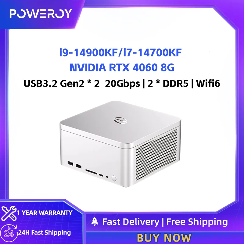 Poweroy 14th Gen Intel Mini PC Gamer i9 14900KF i7 NVIDIA RTX 4060 8G 2xDDR5 NVMe Gaming Computer Windows 11 Pro Desktop WiFi6