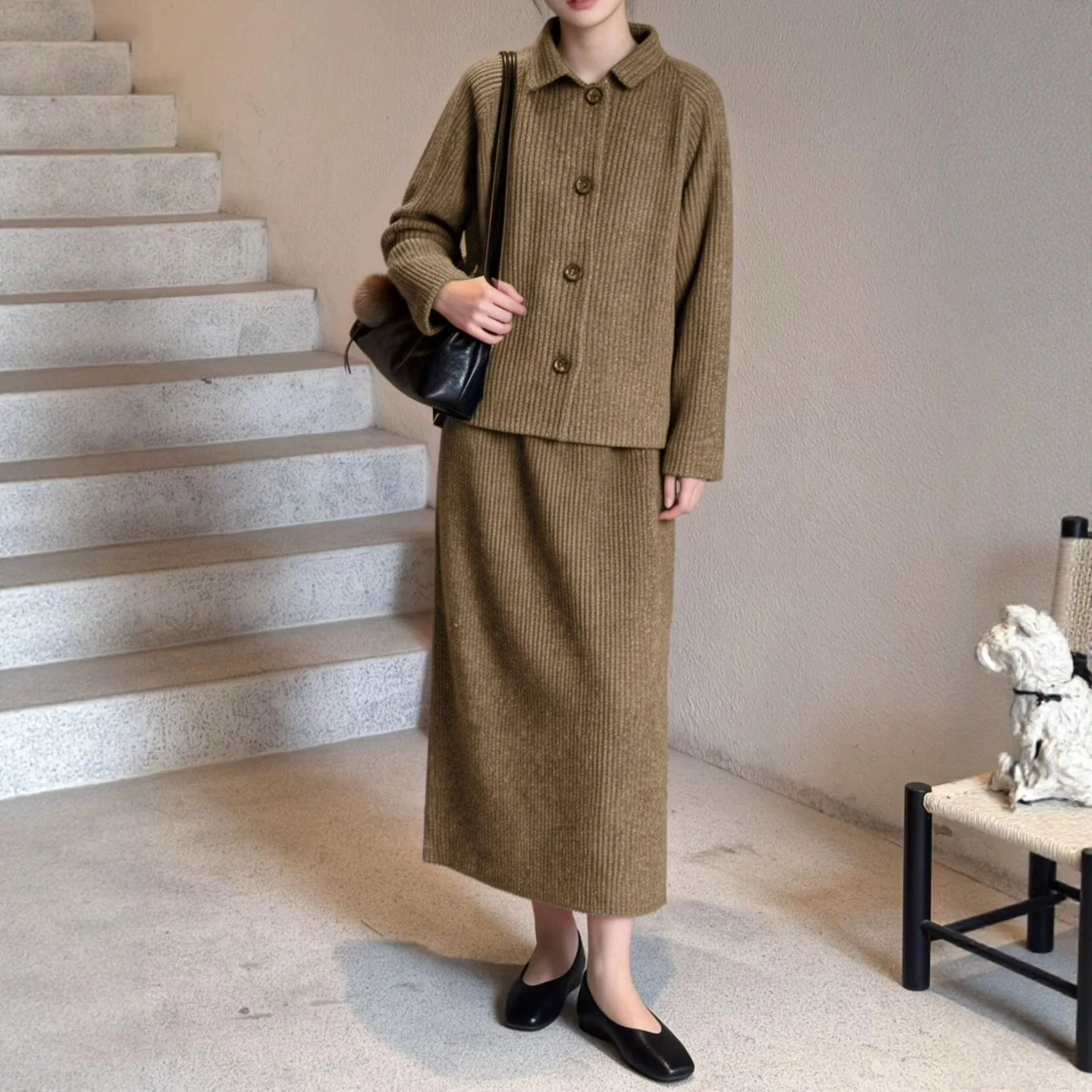 Miyake Pleated Women 2Pcs Knit Outfit Lapel Single Breasted Jacket & Midi Skirt Set Elegant Autumn Winter Ribbed Two Piece Suit