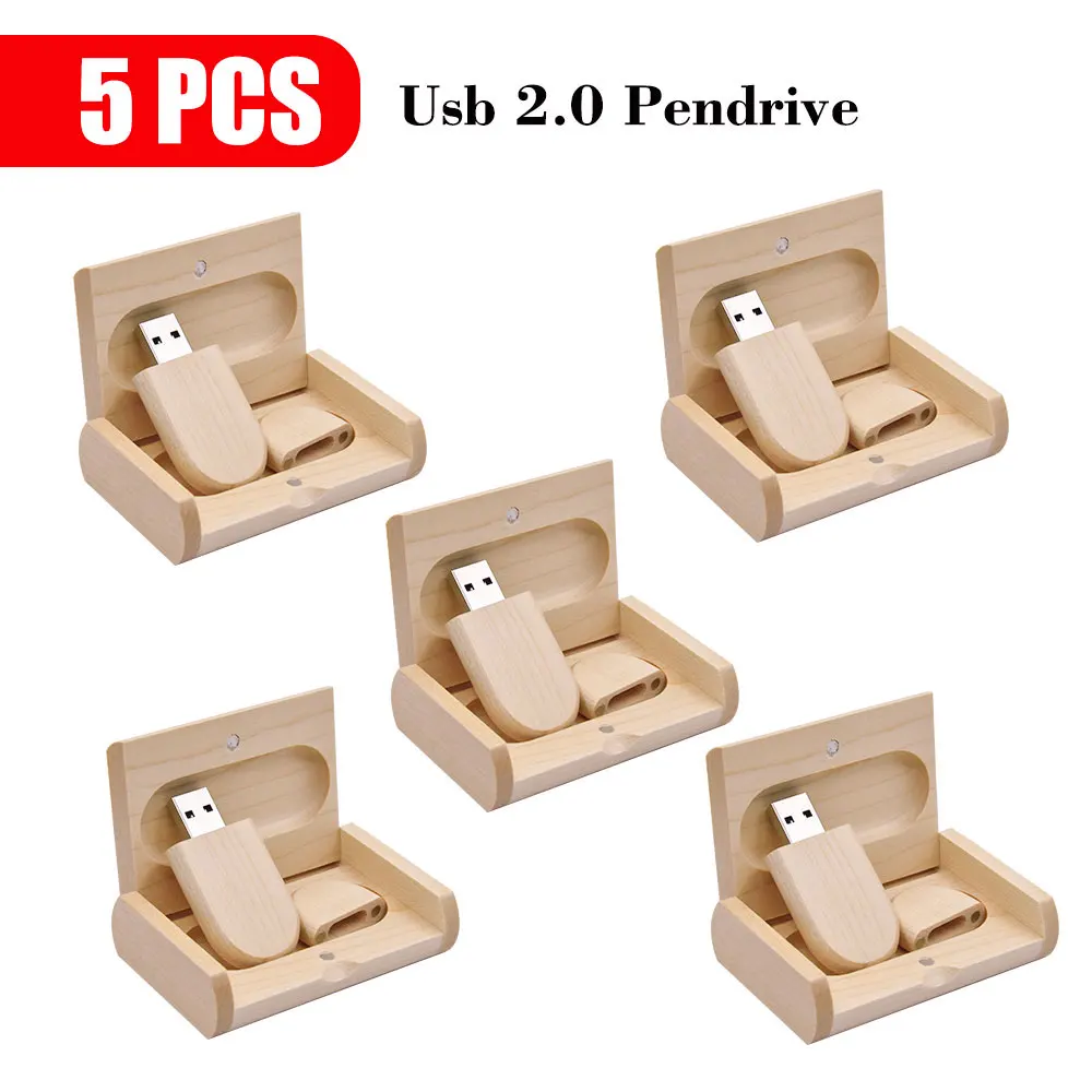 

5 PCS/LOT USB Flash Drive Wooden Box Pen Drive Wood USB2.0 Free Custom Logo 32GB 64GB Memory Stick for Gift 4GB 8GB 16GB usb