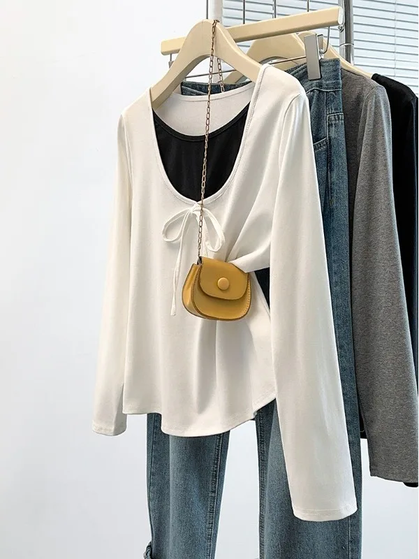 

Spring 2026 plus Size Women's Casual Loose Fashion Color Block Knot Long Sleeve Red T-Shirt Large Size Knitted Top