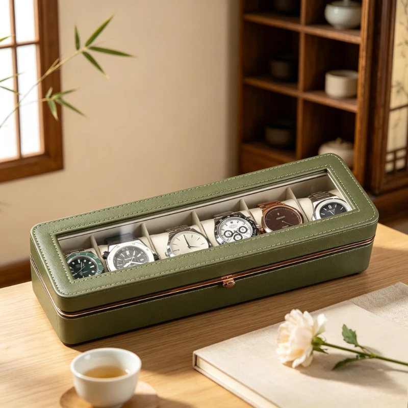 

Leather Watch Box Jewelry Storage with Metal Frame Transparent Lid Dustproof Display Organizer for Watches Earrings Rings Vanity