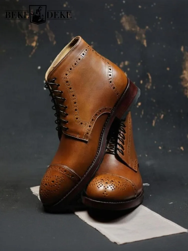 

Retro Style Cowhide Round Toe Lace-Up Ankle Boots Solid Color Genuine Leather Brock Carving Male Fashion High Top Footwear