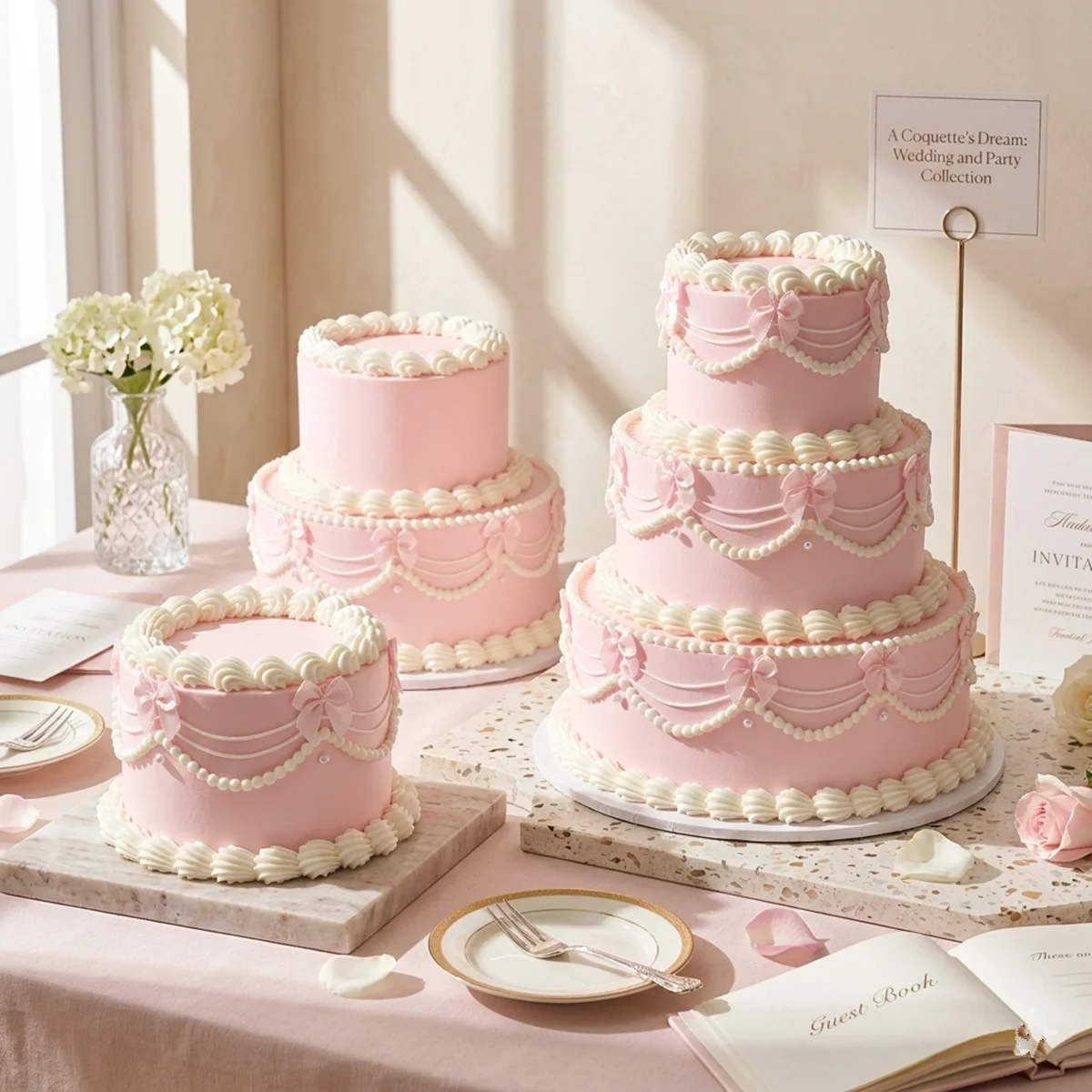 3-stöckiger rosa Kunstkuchen, 26 cm hoch, Vintage-Design mit Perlen und Schleifen, künstlicher Kuchen für Hochzeiten, Geburtstagsfeiern, Foto-Requisiten, Heimdekoration – Detail 3
