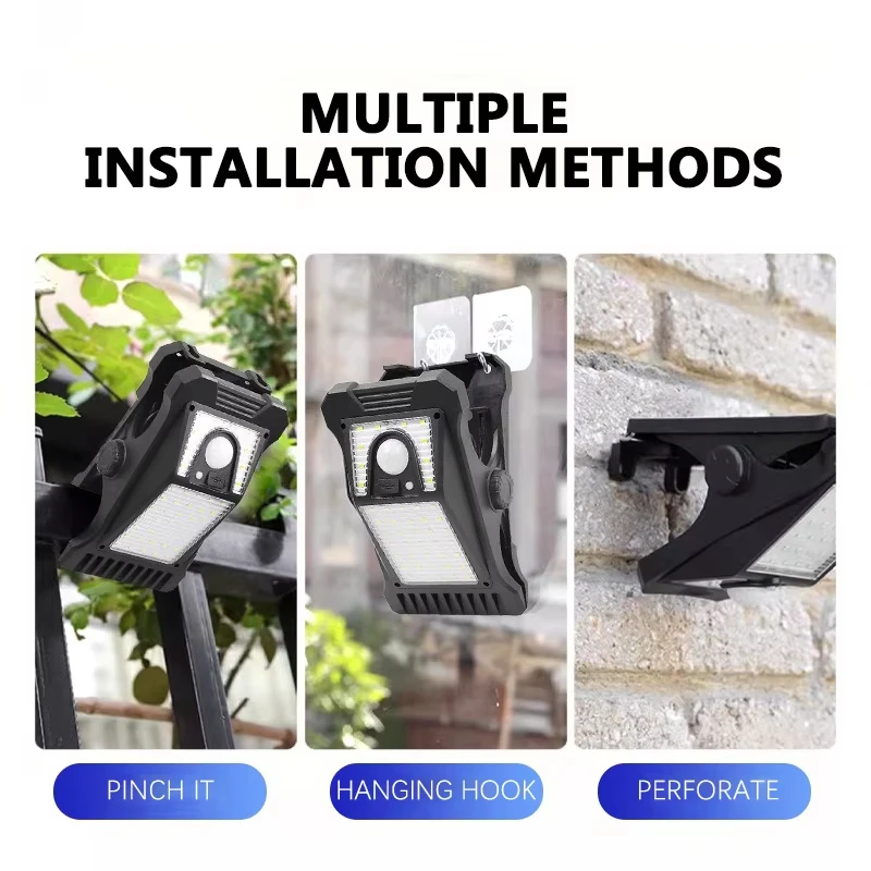 ไฟโซลาร์แบบหนีบสำหรับภายนอกอาคาร ไฟสวนโซลาร์ LED กันน้ำ พร้อมเซ็นเซอร์ตรวจจับความเคลื่อนไหว ใช้สำหรับตั้งแคมป์ ไฟรั้ว ไฟถนน ไฟตกแต่งผนัง