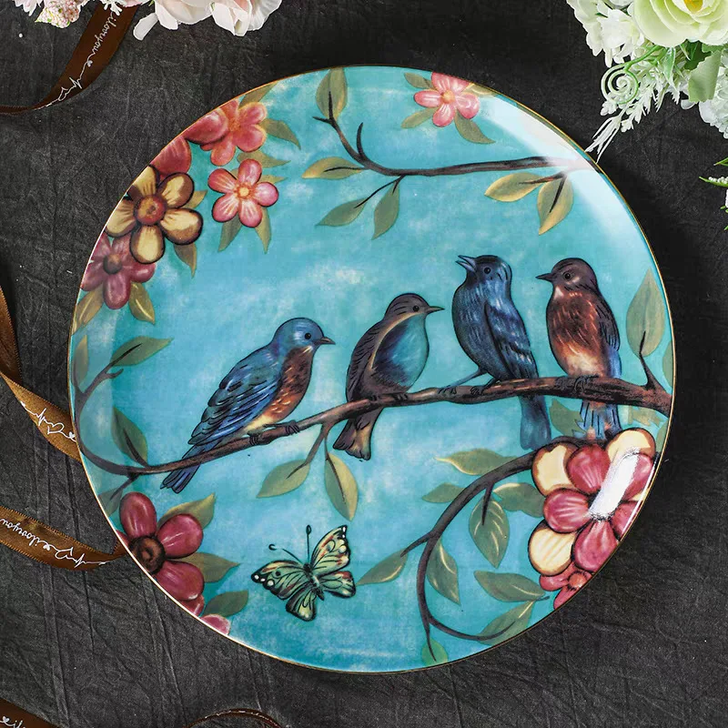 real bone china dinning plates set, european pastoral flowers and birds decorative plate,porcelain steak spaghetti plates 8,10''
