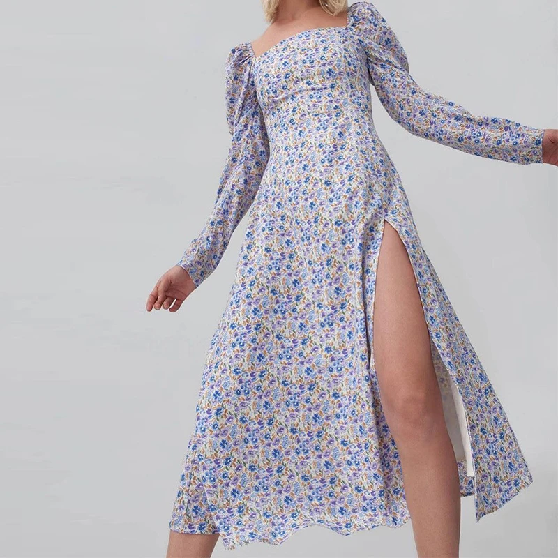 Floral Print Midi Dress Women Long Sleeve Puff Sleeve Side Split Lady Elegant Square Collar Casual Floral Long Dresses Floral