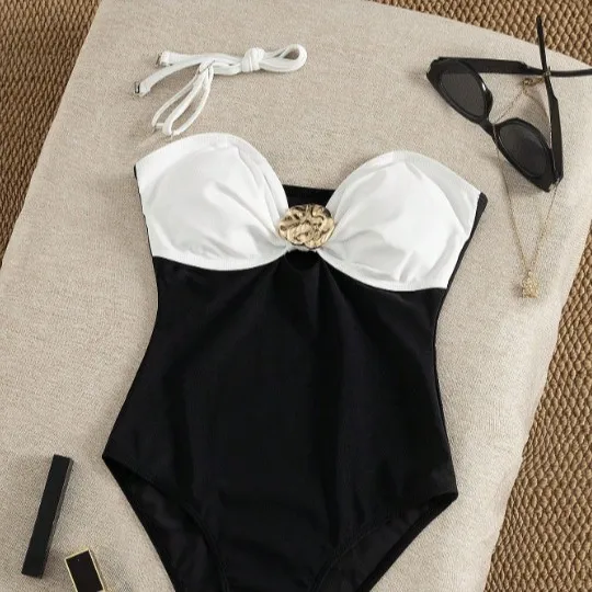 Women Block One Piece Suits Swimsuit Strapless Bandeau Top Metal Shell Buckle Cutout High Cut Monokini Bathing Suit Sportswear