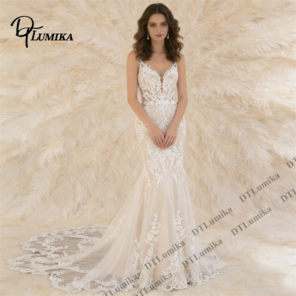 

Nude Lining Lace Long Wedding Dress with Spaghetti Straps Classic Beach Bride Dresses with Train Tailored Urban Bridal Gown