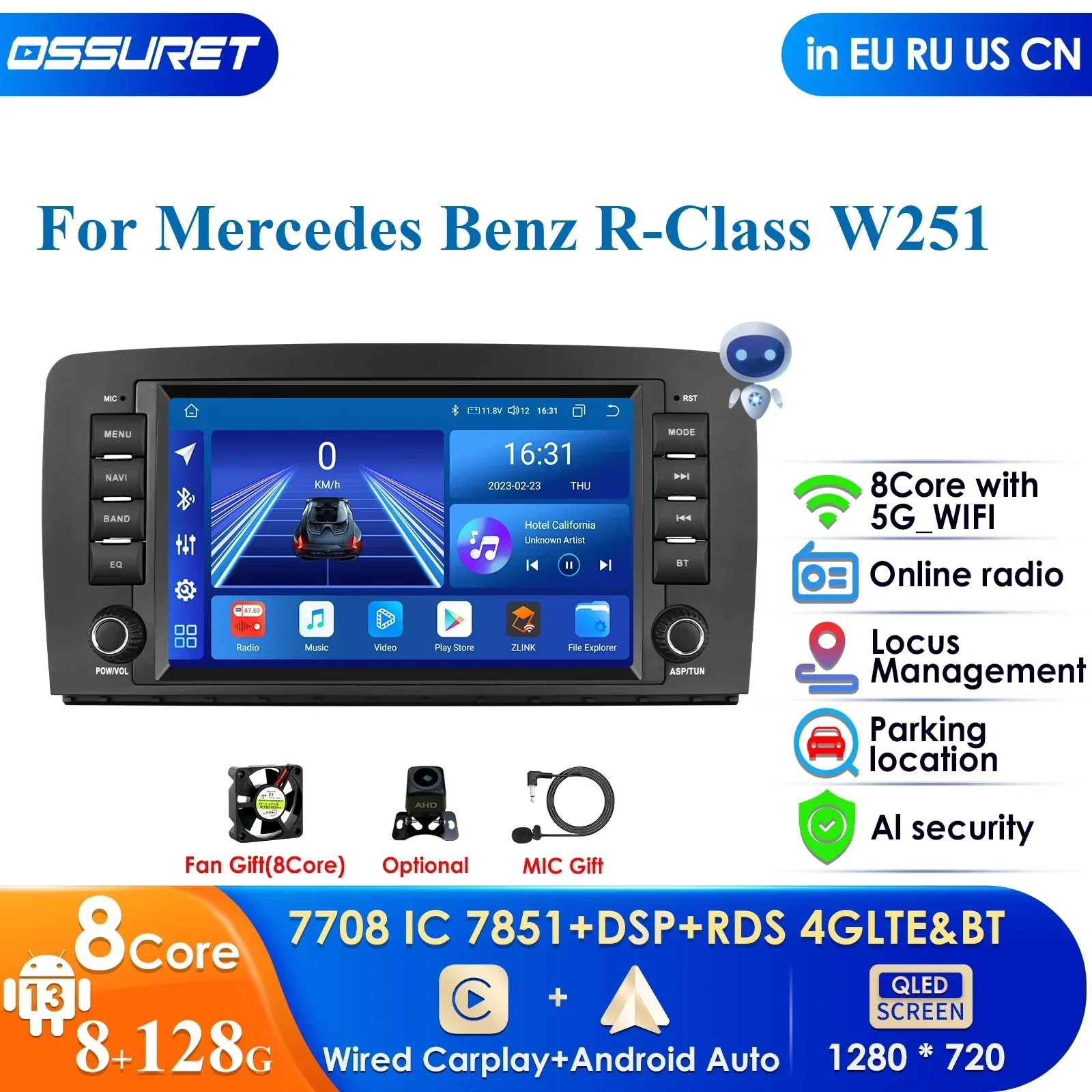 8G 128G AI Android 12 Car Radio Multimedia Player for Mercedes Benz R-Class W251 R300 R280 R320 R350 R500 R63 AMG GPS Carplay 4G