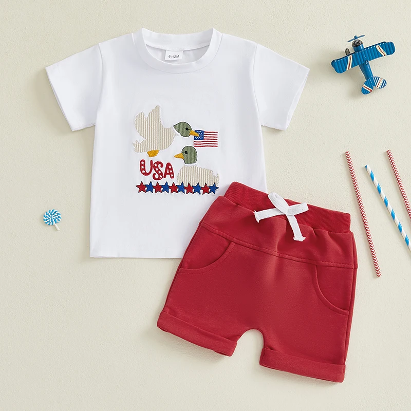 

Boys Independence Day Clothing Sets Toddler Infant Baby Boys Short Sleeve O Neck Letter Duck Embroidery Tops Shorts Sets