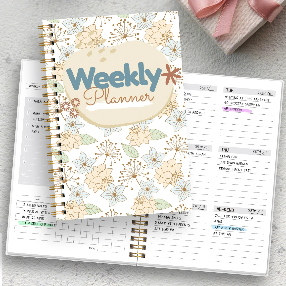 Agenda Semanal A5 con Pegatinas, Organizador Semanal Espiral sin Fecha y Rastreador de Hábitos para la Escuela y el Trabajo