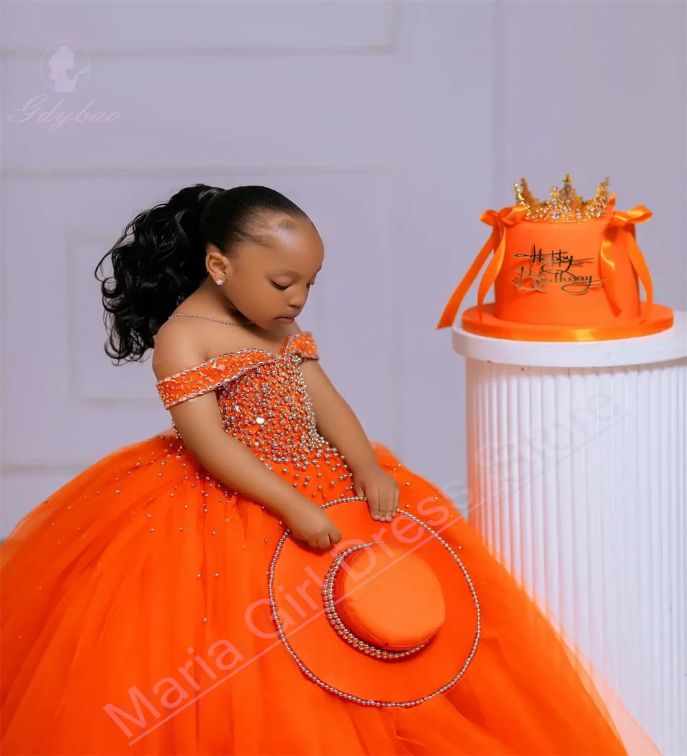 ثوب الكرة البرتقالية للفتيات كريستال مزين زهرة فتاة فستان الزفاف مناسبة رسمية ملابس الحفلات