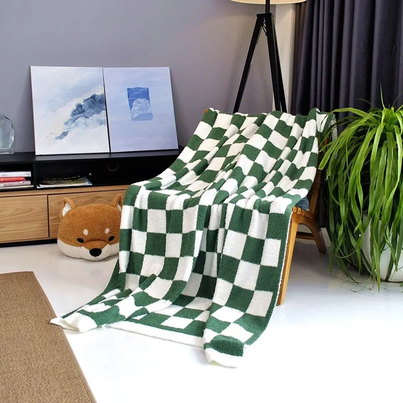 2024 New Half Edge Velvet Checkerboard Knitted Blanket Thin Blanket For Summer