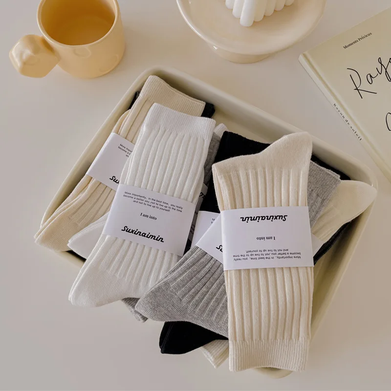 

6 пар весенне-осенних модных однотонных универсальных повседневных женских длинных носков, впитывающих пот, женские носки в вертикальную полоску