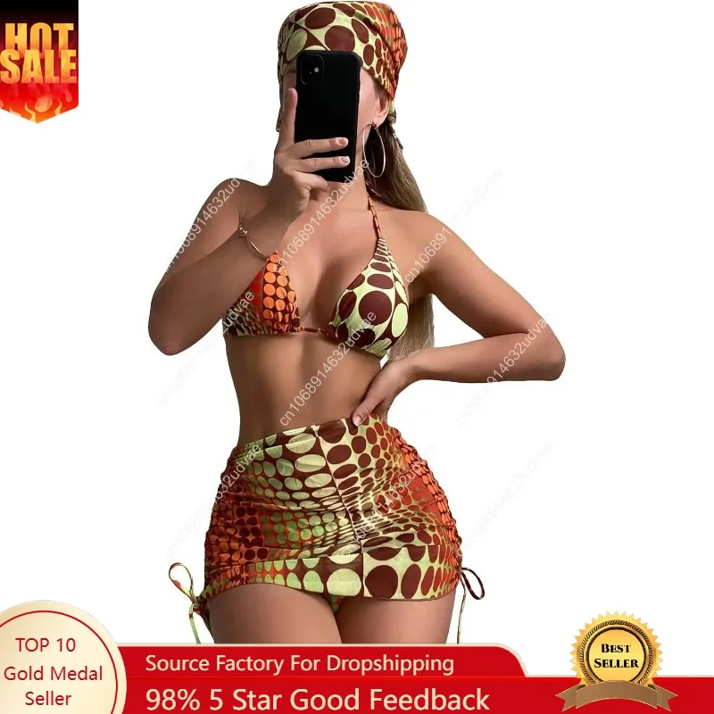 

Women's 4 Piece Swimsuits Sexy Bikini Sets Triangle Bathing Suit with Mesh Cover Up Beach Skirt & Bandana
