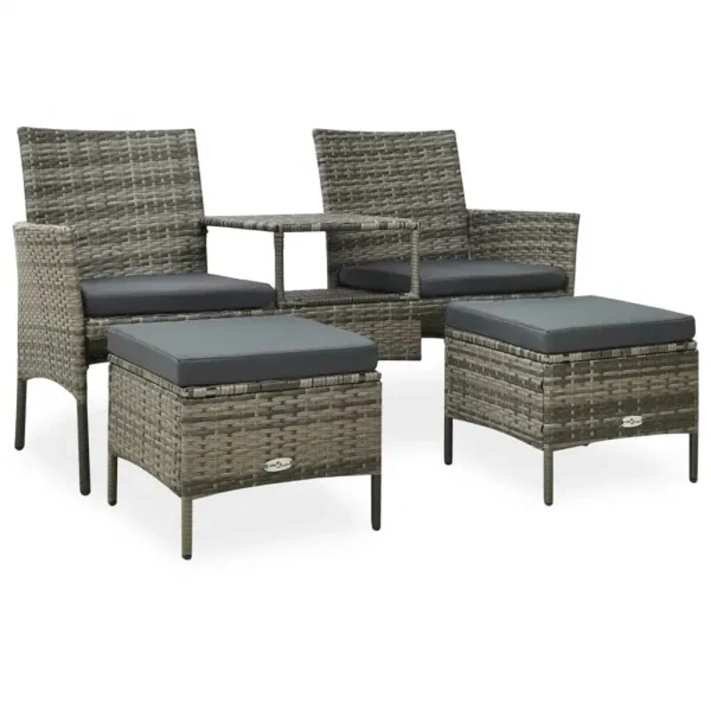 2 Seater Gray Patio Sofa with Coffee Table and Stool Poly Rattan Sofa Combination Living Room Balcony Leisure Rattan Chair