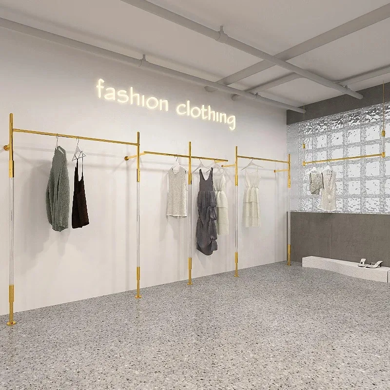 custom.Clothing Store Furniture Transparent Acrylic Commercial Garment Rack Wall Mounted Clothing Shop Racking Display Clothing