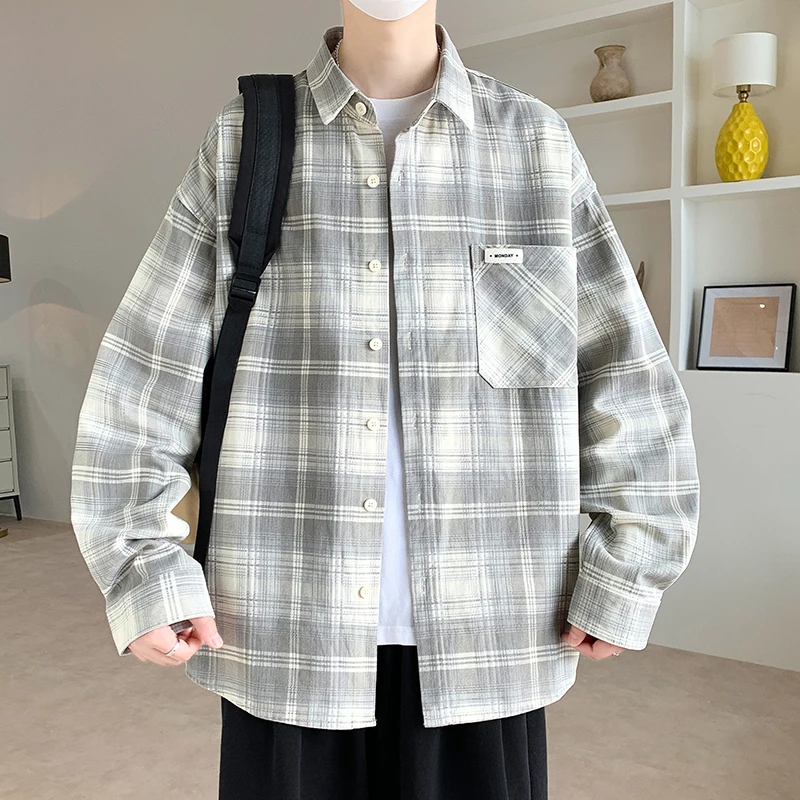 

Casual Plaid Long Sve irt Men's Loose Fit Leisure Outerwear High-End Trendy Teenage Turn-down Collar irt Spring Autumn
