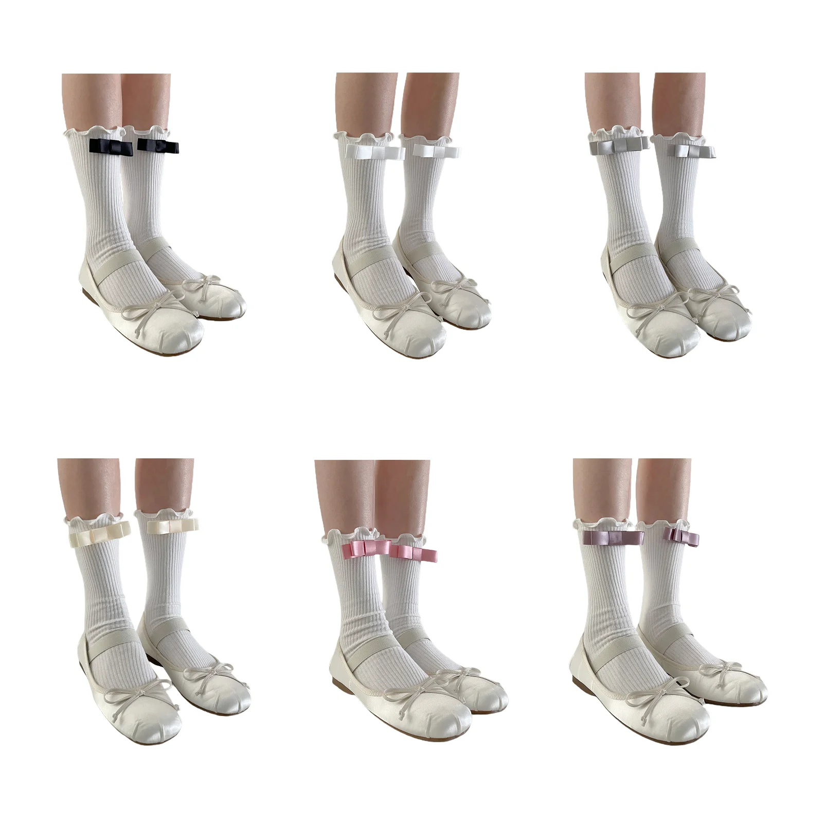 

Bow-tie girl's pile socks 6-color combination pack (1 pair each of black/white/grey/milk white/pink/purple)