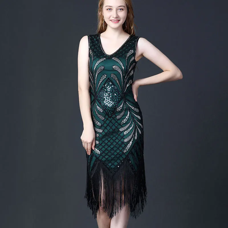 Pauw Vintage Mode V-hals 1920 Sequin Fringe Flapper Great Gatsby Stage Dance Kleding Vrouwen Latin Jurk Dragen Kostuums