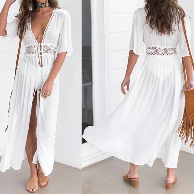 Vrouw Strand Cover Up Tuniek Jurk Wit Badpak Strandkleding Kimono Maxi Jurk Bikini Cover Up Gewaad Badkleding Cover Ups Vrouw