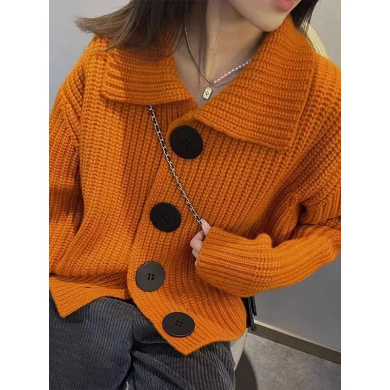 Orange Lace Knotted Cardigan Sweater Jacket Women's Autumn/Winter French Vintage Loose Fit European Style Jacket