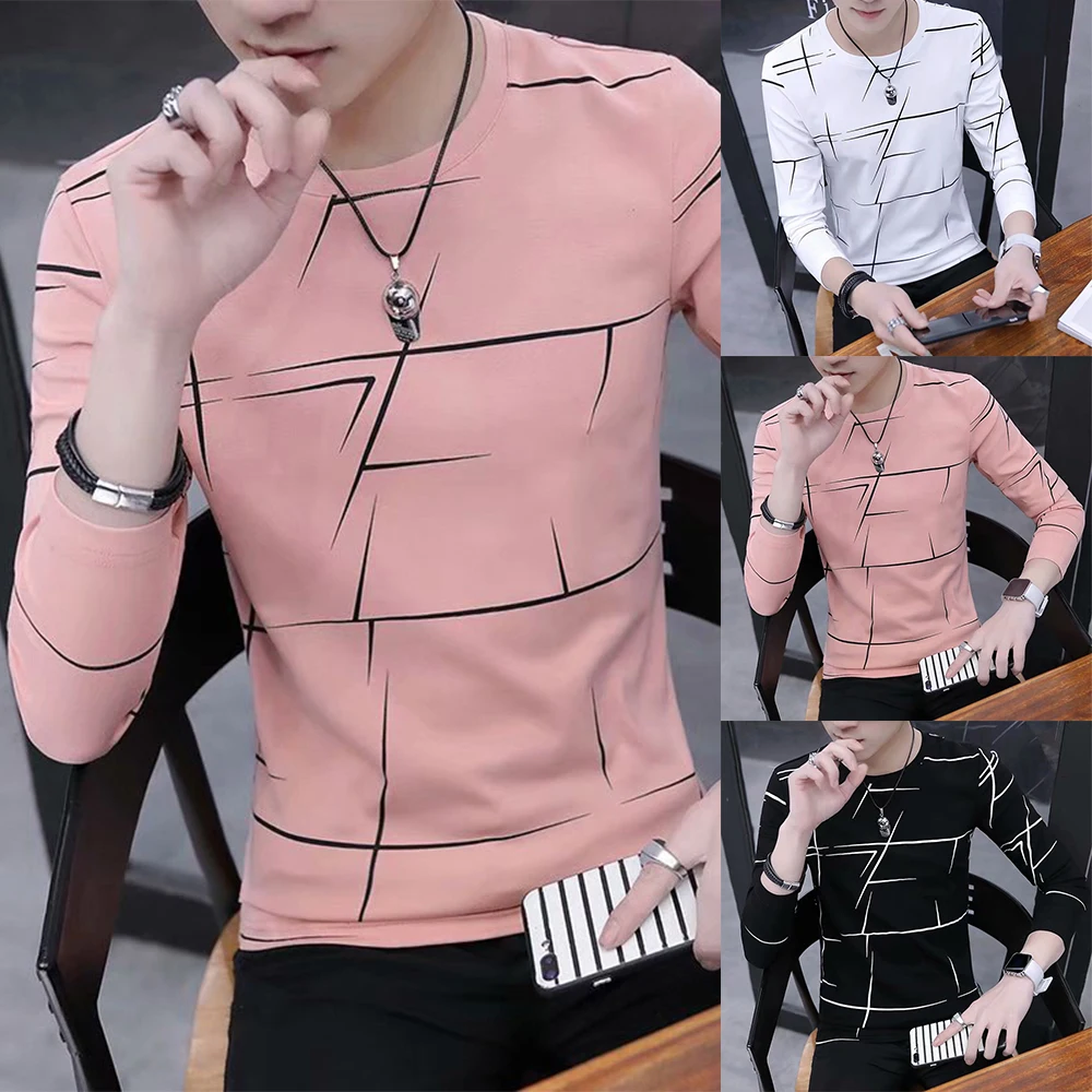Blouse Men T-Shirt Casual Crew Neck Fashion Long Sleeve Mess Printed Muscle Top Pullover Spring Clothing Fashion