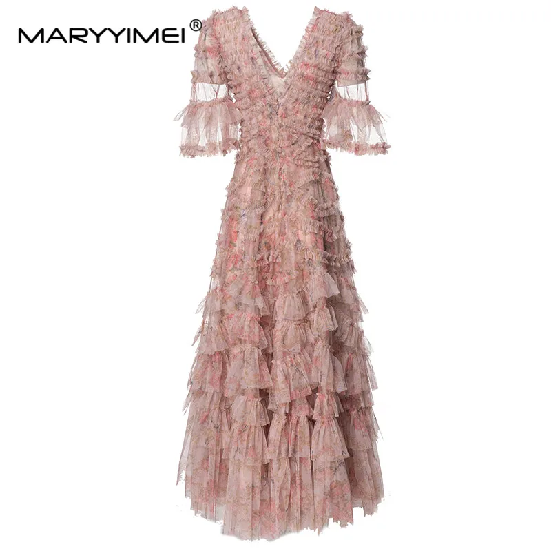 MARYYIMEI New Fashion Runway Designer Women's V-Neck Fairy Style Bubble Short Sleeve Wooden Ear Layered Printed Tulle Dress