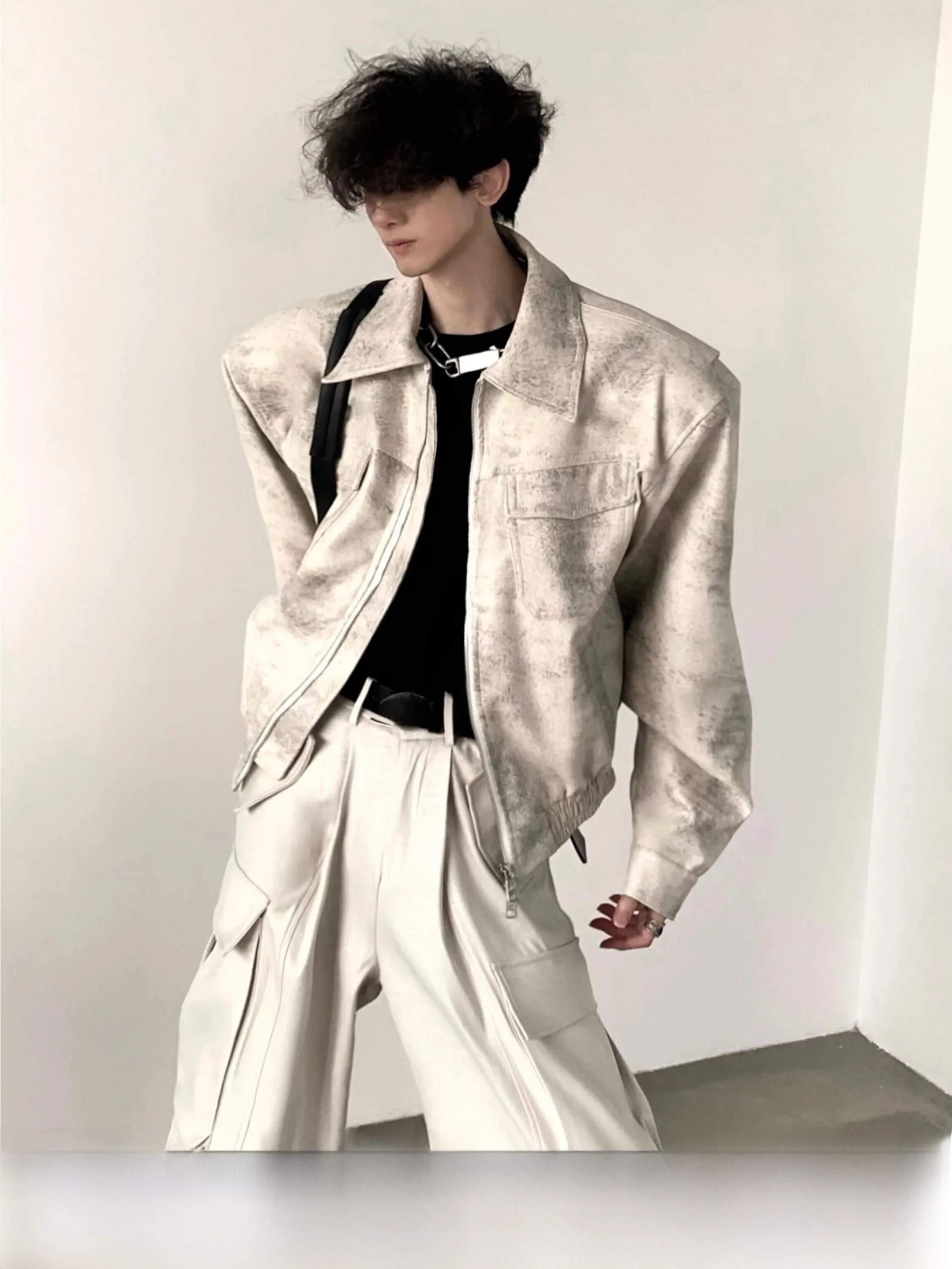 Washed Tie Dye Design White Leather Jacket Men's High Street Shoulder Pad Jacket Trendy Autumn Mountain Wind Casual Style