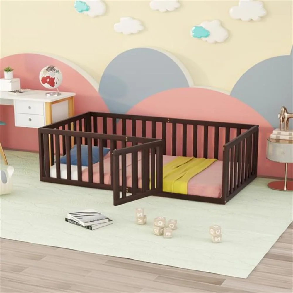 Floor Bed, Double Bed, Children's Bed, Wooden Bed Frame with Fence and Door, Suitable for Children and Teenagers