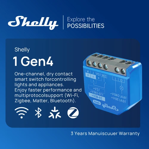Imagen 2 del producto Shelly 1 Gen4 Zigbee contacto seco Wifi interruptor inteligente materia para controlar luces aplicaciones puertas de garaje funciona con Apple Homekit