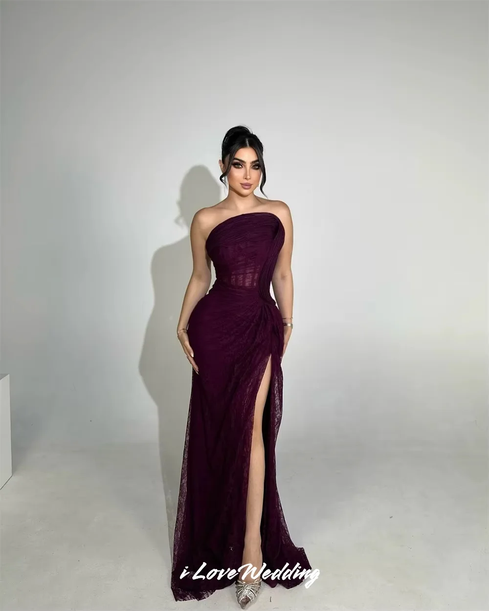 

Purple Strapless Prom Dresses Lace Sleeveless Pleated Backless Mermaid Side Split Floor-Length Wedding Guest Dresses Customized