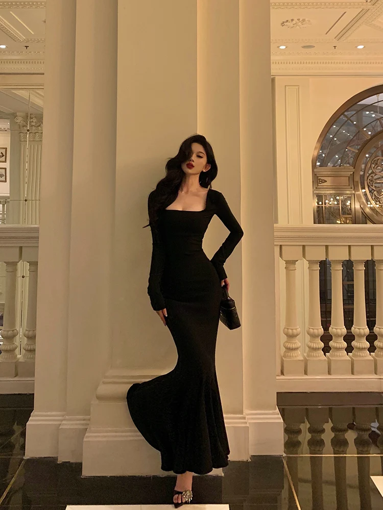 フランスのエレガントなスタイルのボディコンフィッシュテールロングドレス、スクエアネック、長袖、ハイウエスト、スリムフィット、黒のイブニングドレス、女性用、秋