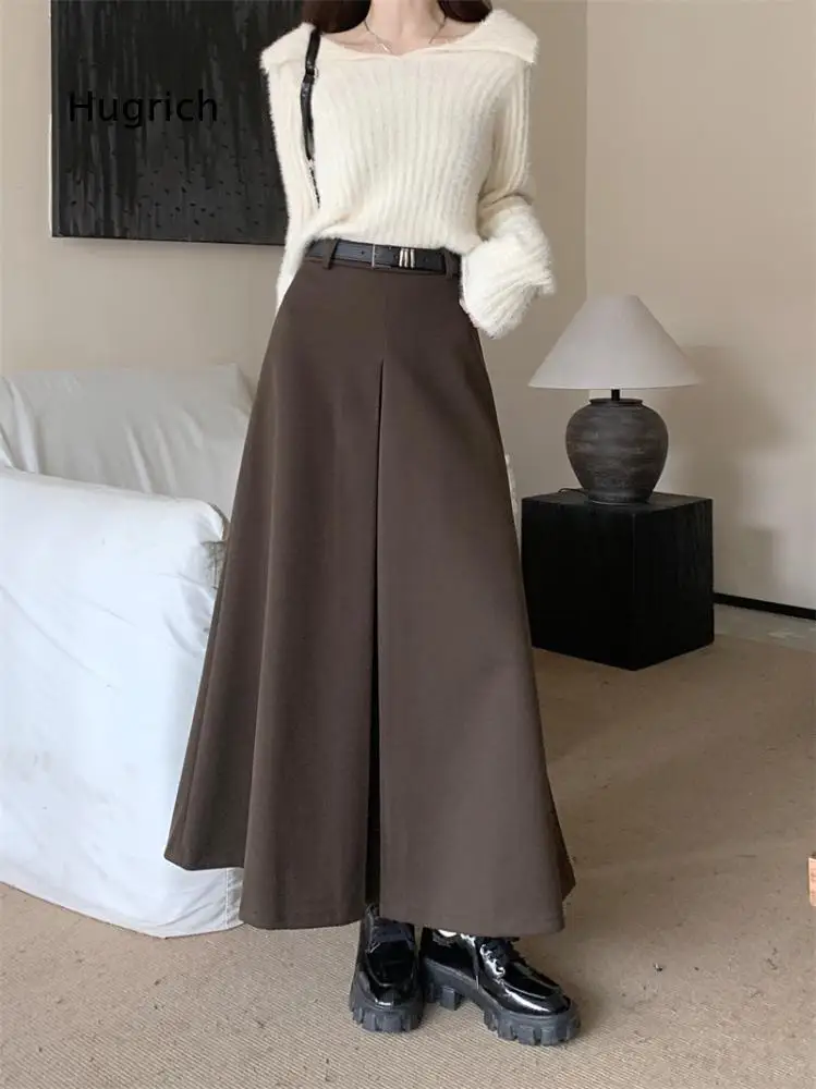 Women High Waist A Line Long Skirt Solid Color Flared Hem Midi Skirt For Autumn And Winter Daily Casual Matching Outfit