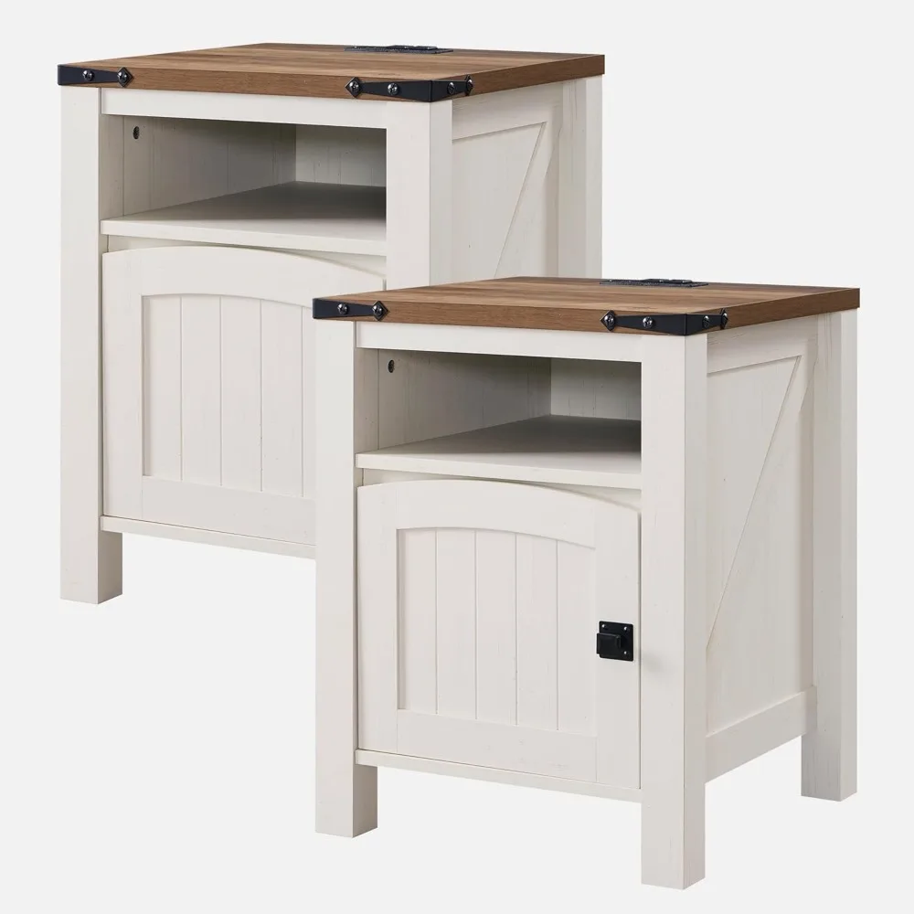 

Nightstand with Charging Station Set of 2, 18 Inchs Farmhouse End Table with Adjustable Storage Shelf, Rustic Wood Sofa Side