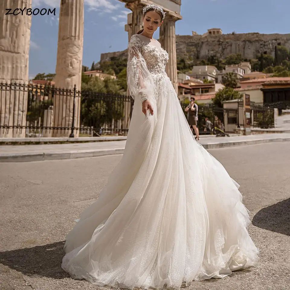 Boho 3D Flowers A-Line Long Puff Sleeves Beach Wedding Dresses 2026 Princess Pearls Beaded Appliques Bride Gown Vestido De Noiva