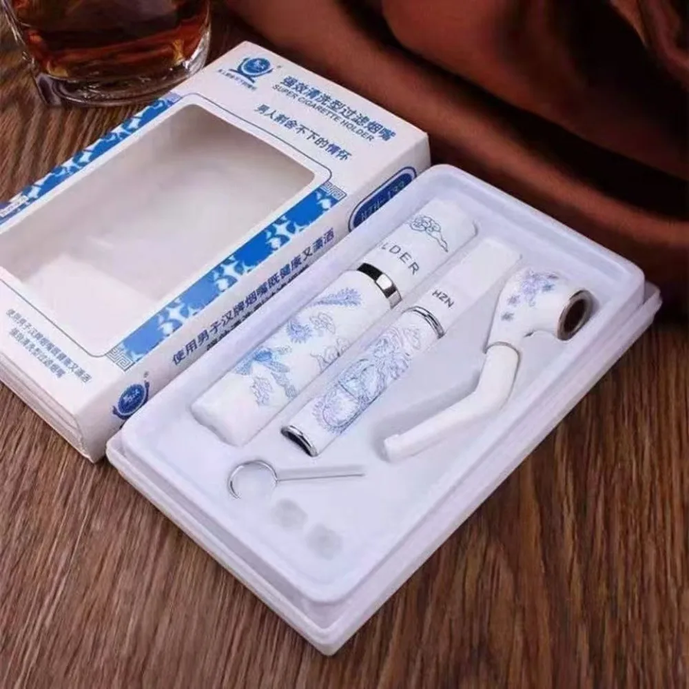 Men's Thickness 2-Use Cigarette Mouthset, Circular Cleaning Type 139 Type Blue and White Pipe Cigarette Mouthset, Men's Gift