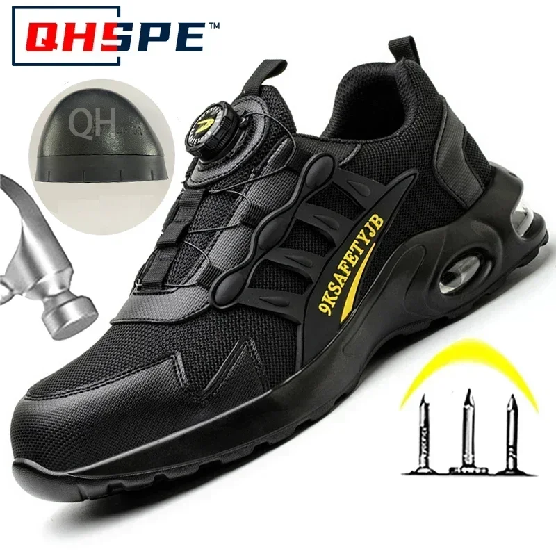 メンズ通気性回転ボタン式タクティカルブーツ、スチールトゥ、耐パンク作業靴、スポーツシューズ、エアクッション付きメンズブーツ