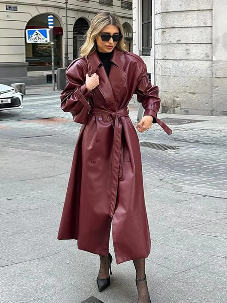 Fashion Retro Wine Red Long Women's Coat Turndown Collar Double Breasted Coats with Belt Vintage Windproof Winter Overcoat