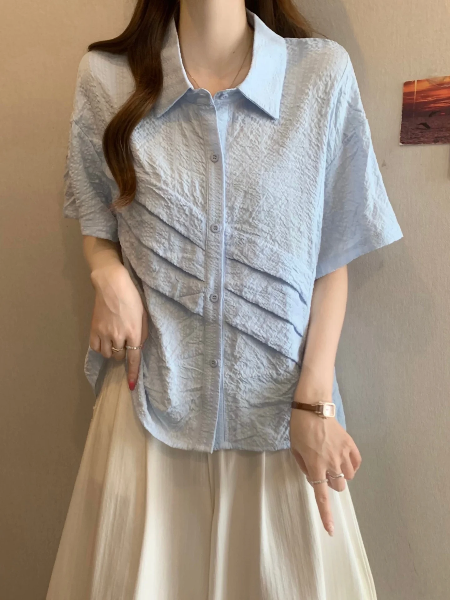 

Blue Collar Short Sleeve Base Shirt Women Summer 2026 New plus Size Slimming Design Unique Top Korean Style Commute Wind