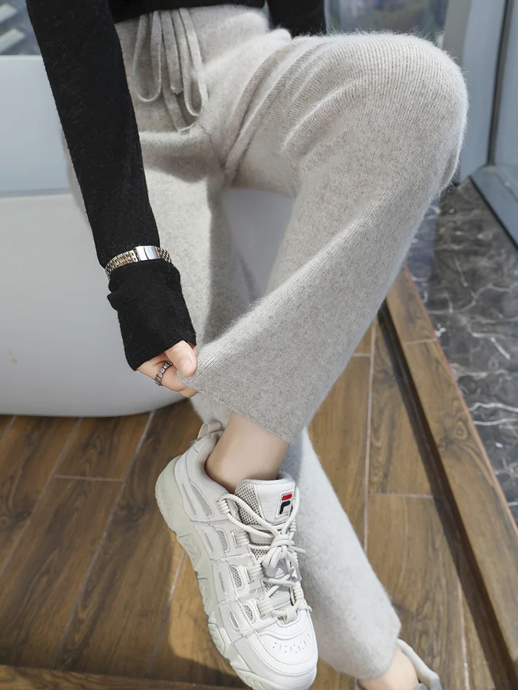

Women's 100% Mink Cashmere Pencil Pants Elastic Waist Drawstring Soft Office Lady Autumn Winter Fashion Simple Knitwear Trousers