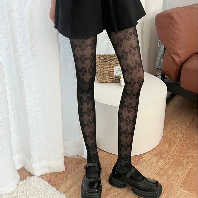 Preppy Retro Diamond Tights Woman Black Medias Socks Hot Beautiful Legs Internet Celebrity Pantyhose Y2K Thin Stockings.