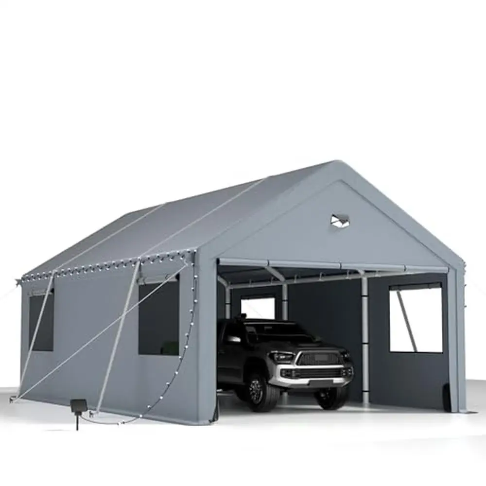 Heavy Duty Carport Canopy 12x20ft with Removable Side Walls Solar Lights Portable Garage Boat Shelter All Weather Protection