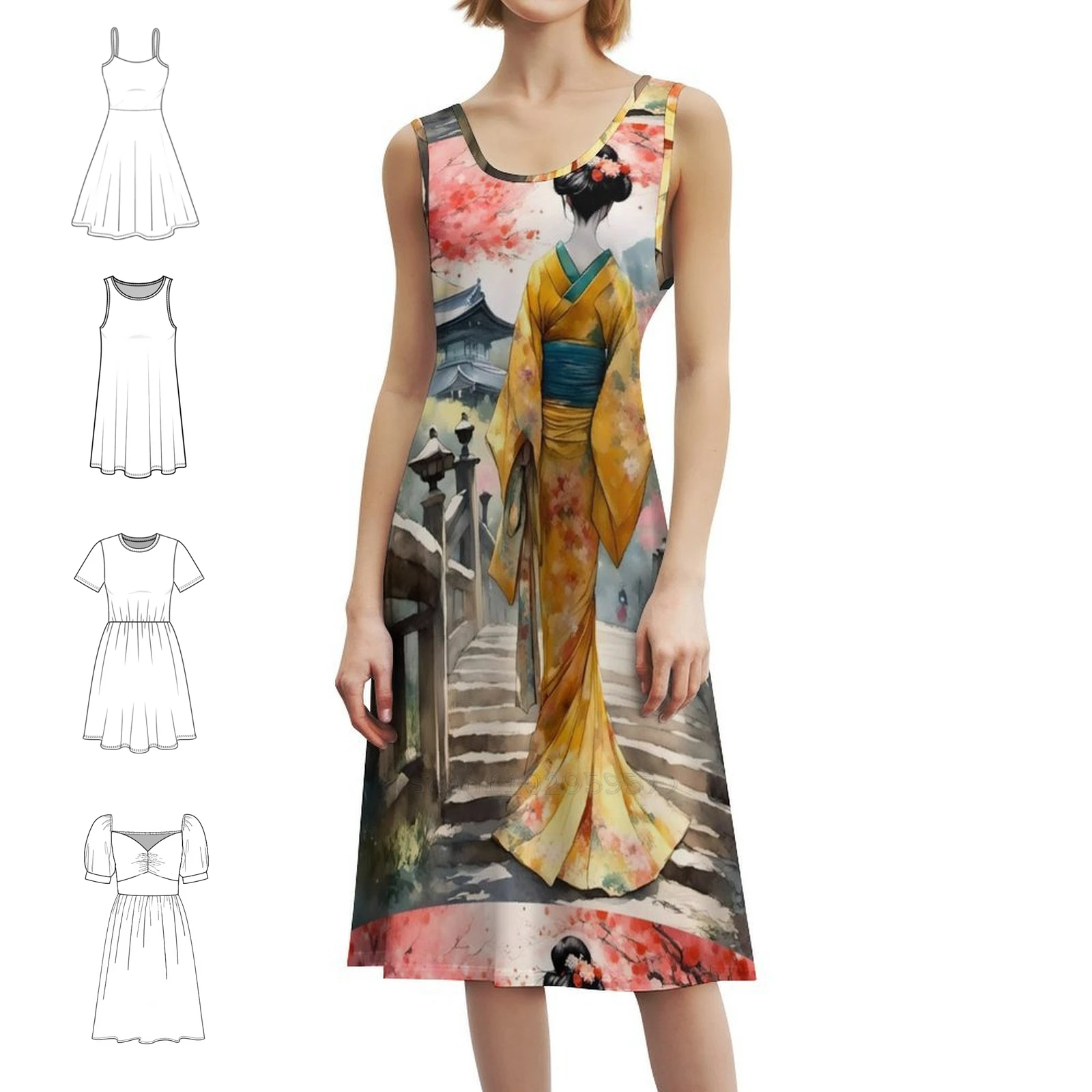 

Beautiful Abstract Geisha Kimono In Sunrise With Preppy Style Mini Dress For Women A-Line Loose Fit Casual Day Dress Beautiful