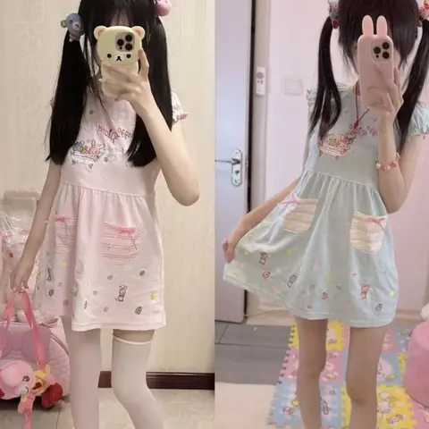 Japanese Sweet Dresses Short Sleeve Pockets Cartoon Embroidery Patchwork Dress Y2k Aesthetics Female Slim Summer Women Clothing