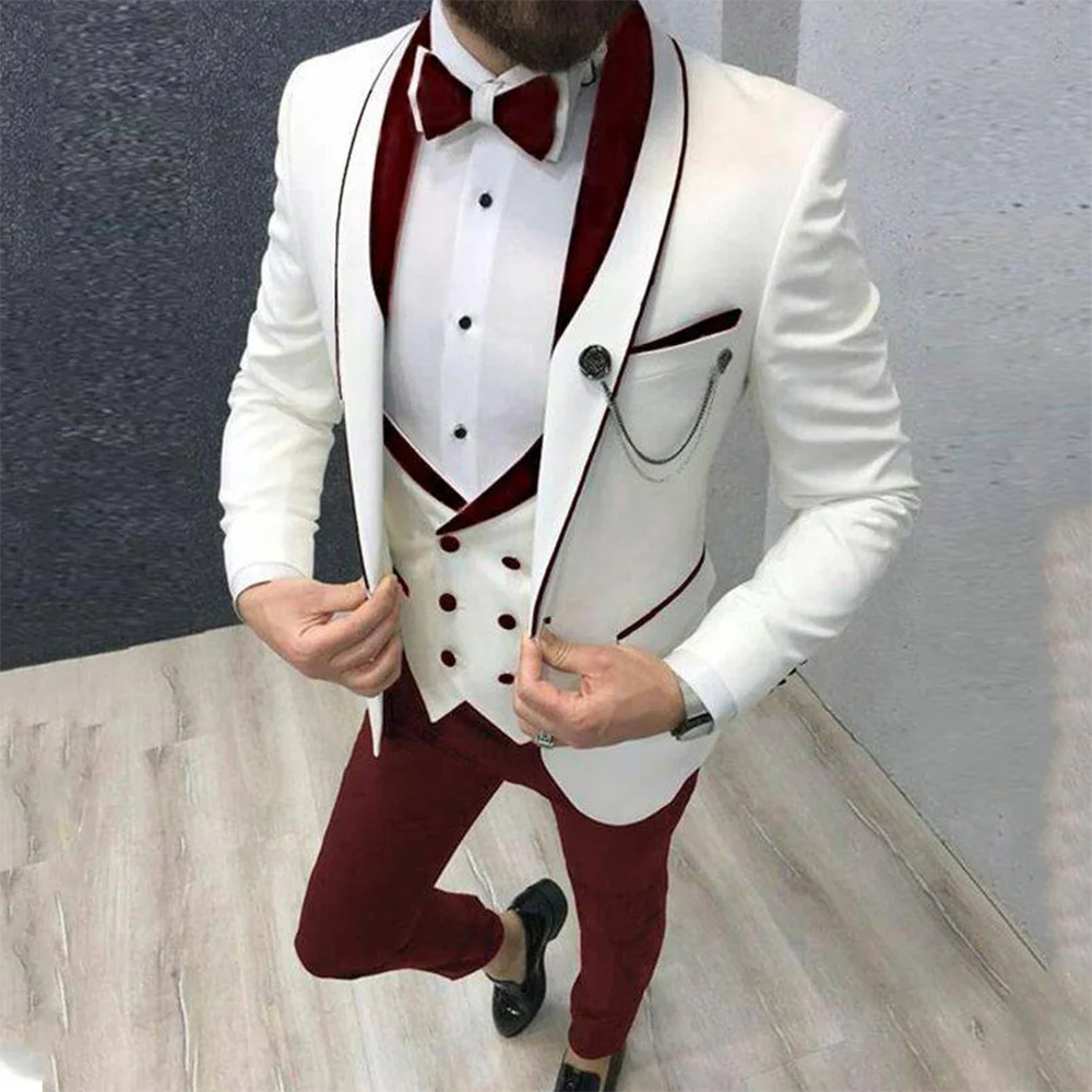 Heren Pak Bruidegom Dragen Zakelijk Casual Feestpak Voor Heren Slim Fit Sjaal Revers 3 Stuk (Blazer + Vest + Broek) Kostuum Homme Mariage