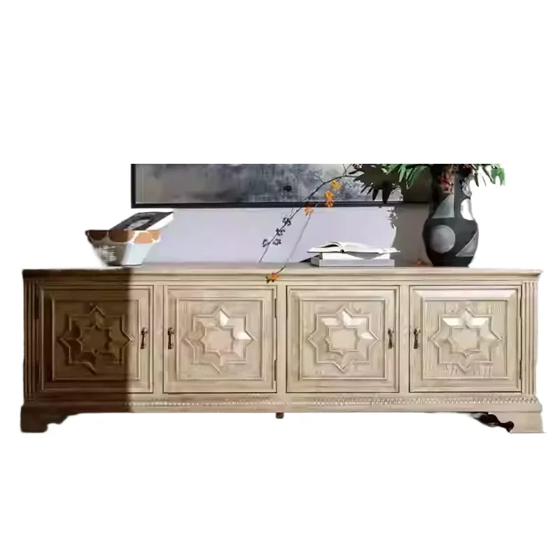 

American solid wood TV cabinet, French engraved retro ivory white old storage cabinet